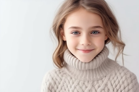 Portrait of a cute little girl in a sweater on a white background.の素材