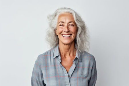 Portrait of a smiling senior woman looking at camera over white backgroundの素材