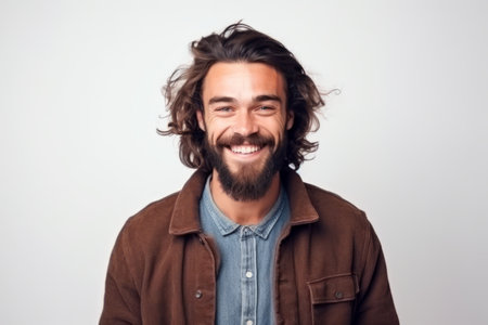 Portrait of a smiling casual man looking at camera over white backgroundの素材