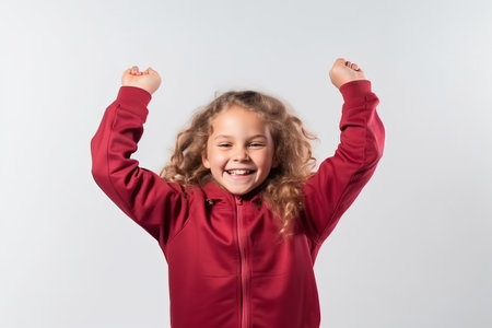 Portrait of a cheerful little girl with curly hair in a red jacket on a white backgroundの素材