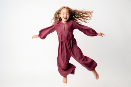 Portrait of a happy little girl jumping isolated on a white backgroundの素材