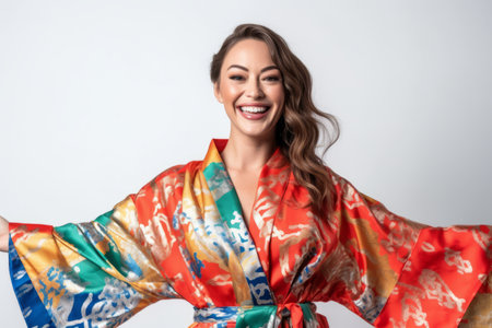 Beautiful young woman in a kimono on a white backgroundの素材