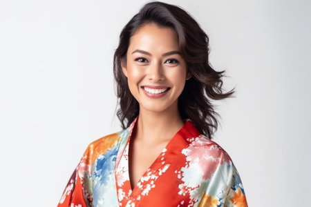 Portrait of beautiful young woman in kimono on white backgroundの素材