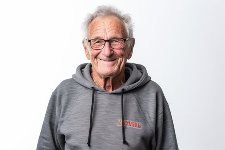 Portrait of smiling senior man in hoodie on white background.の素材
