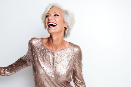 Portrait of a happy senior woman laughing against a white background.の素材