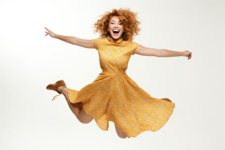 Full length portrait of a happy young woman jumping isolated over white backgroundの素材