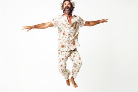 Happy man in pajamas jumping isolated on a white background.の素材