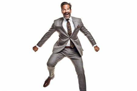 excited business man jumping isolated on white background, full length portraitの素材