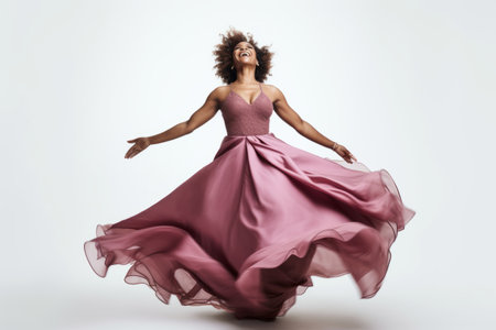 Beautiful african american woman dancing in a long pink dressの素材