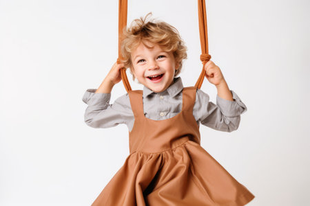 Portrait of a smiling little girl swinging on a swing isolated over white backgroundの素材