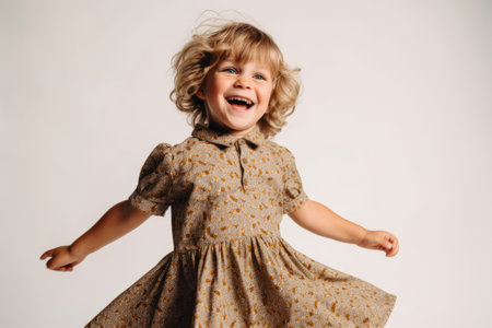 Portrait of a happy little girl in a dress on a white backgroundの素材