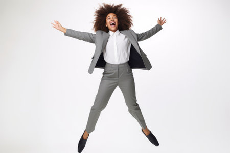 Full length portrait of a happy businesswoman jumping isolated on a white backgroundの素材