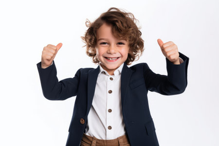 Portrait of a happy little boy with curly hair isolated on a white backgroundの素材