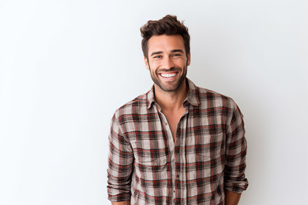 Cheerful young man in checkered shirt on white backgroundの素材