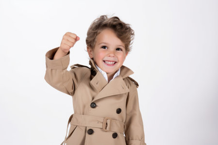 happy little girl in beige trench coat showing fist isolated on whiteの素材