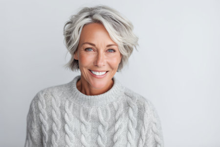 Portrait of a happy senior woman smiling at camera isolated on a white backgroundの素材