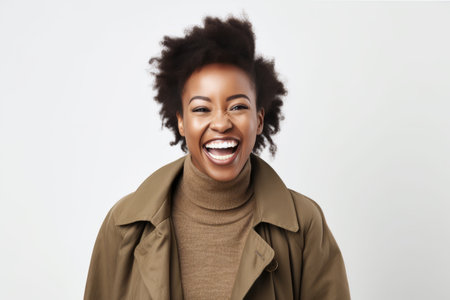 Portrait of a happy young african american woman laughing against white backgroundの素材