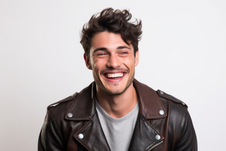 Portrait of a handsome young man laughing. Isolated white background.の素材