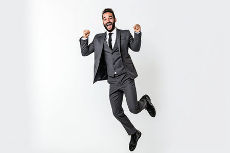 Happy business man jumping over white background. Success and happiness concept.の素材