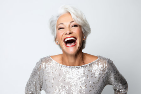 Portrait of a happy senior woman laughing isolated on a white backgroundの素材