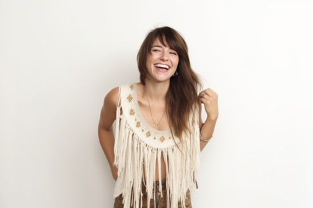 Portrait of beautiful young woman with long hair smiling and laughing.の素材