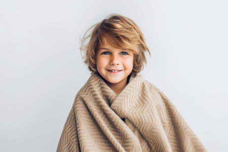 cute little boy wrapped in blanket smiling at camera isolated on grayの素材