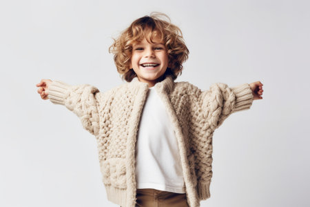 Portrait of a cheerful little boy in a knitted sweater on a white backgroundの素材