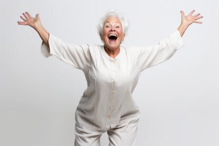 Portrait of a happy senior woman with arms outstretched on white backgroundの素材