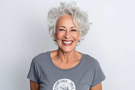 Portrait of happy senior woman in gray t-shirt on white backgroundの素材