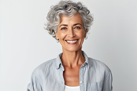Portrait of beautiful mature woman with gray hair smiling at camera.の素材