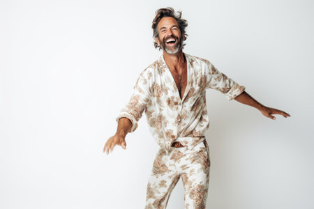 Portrait of a happy mature man in pajamas isolated on a white backgroundの素材
