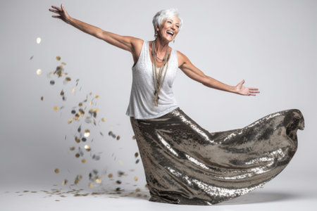 Elegant senior woman dancing with confetti. Studio shot.の素材
