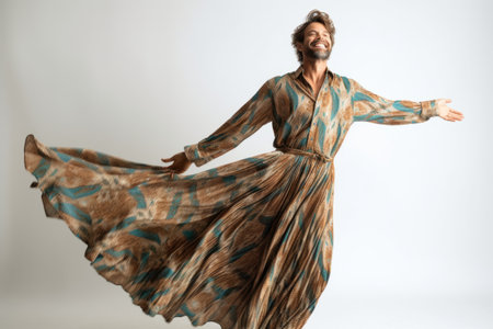 Full length portrait of a handsome middle aged man with long brown hair wearing a long silk dressの素材