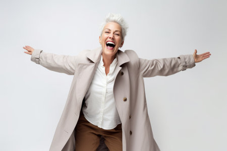 Portrait of happy senior woman laughing with hands up isolated on a white backgroundの素材