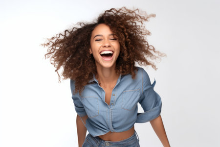 Portrait of a happy young african american woman laughing against white backgroundの素材