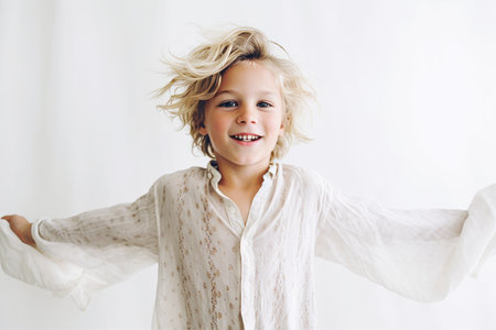 Portrait of a cute little girl with blond curly hair on a white backgroundの素材