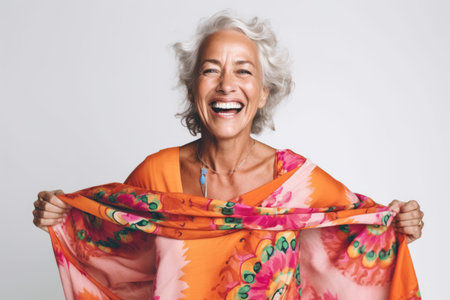 Portrait of a happy senior woman laughing while holding scarf isolated on a white backgroundの素材