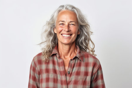 Portrait of a happy senior woman smiling at the camera over white backgroundの素材