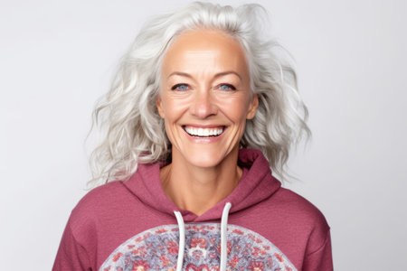 Portrait of a happy senior woman smiling at the camera on gray backgroundの素材