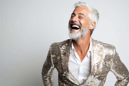 Portrait of a happy senior man laughing isolated on a white backgroundの素材