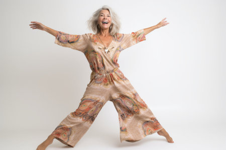 Portrait of a happy senior woman laughing with arms outstretched.の素材