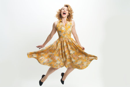 Portrait of happy young woman in yellow dress jumping on white backgroundの素材