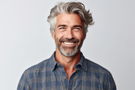 Portrait of handsome mature man with gray hair and beard smiling at cameraの素材