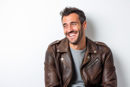 Portrait of a smiling young man in leather jacket against white backgroundの素材