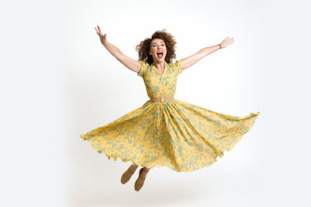 Cheerful woman in a yellow dress jumping on a white backgroundの素材