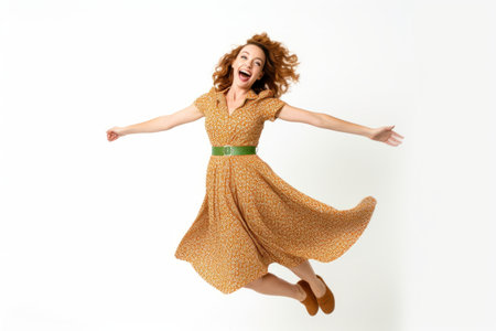 Full length portrait of a happy young woman jumping isolated over white backgroundの素材