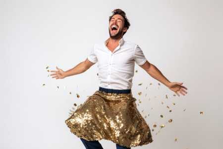 Portrait of a happy young man dancing isolated on a white backgroundの素材