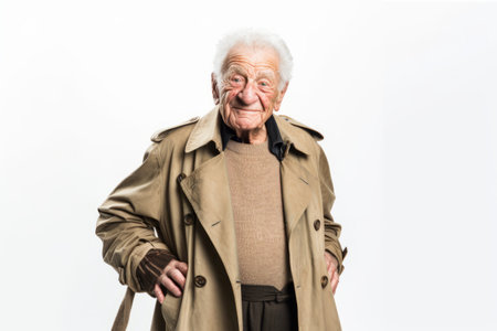 Elderly man in a raincoat on a white background.の素材