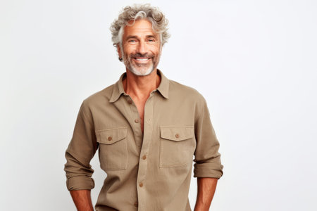Portrait of a handsome mature man smiling at the camera while standing against white backgroundの素材