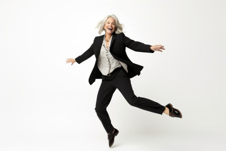 Full length portrait of a happy senior businesswoman jumping against white backgroundの素材